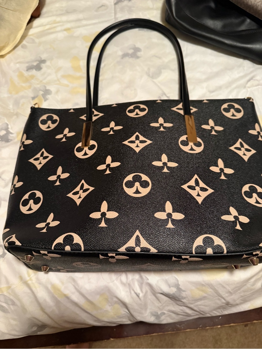 Black and Beige Monogram Shoulder Tote